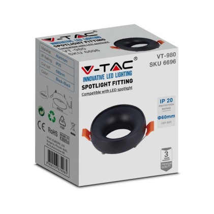 V-TAC Portafaretto LED da Incasso GU10 Rotondo Colore Nero Riflettore Nero con Supporto Inclinato