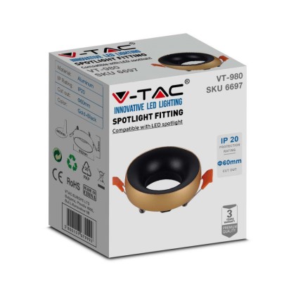 V-TAC Portafaretto LED da Incasso GU10 Rotondo Colore Oro Riflettore Nero con Supporto Inclinato