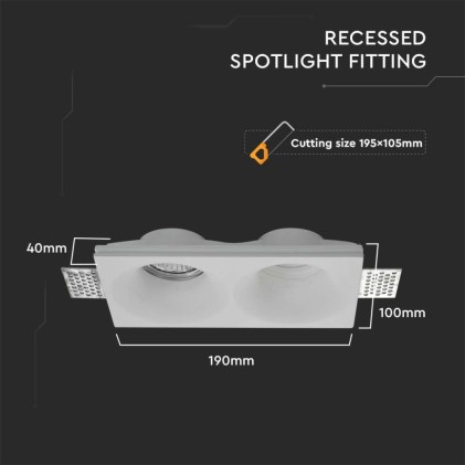 V-TAC Portafaretto LED Doppio da Incasso Rettangolare 2*GU10 e GU5.3 (MR16) in Gesso con Taglio Smussato Colore Bianco