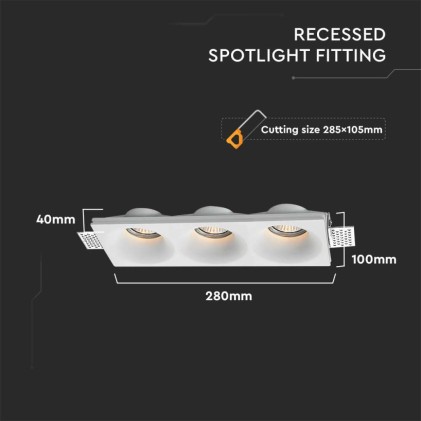 V-TAC Portafaretto LED Triplo da Incasso Rettangolare 3*GU10 e GU5.3 (MR16) in Gesso con Taglio Smussato Colore Bianco