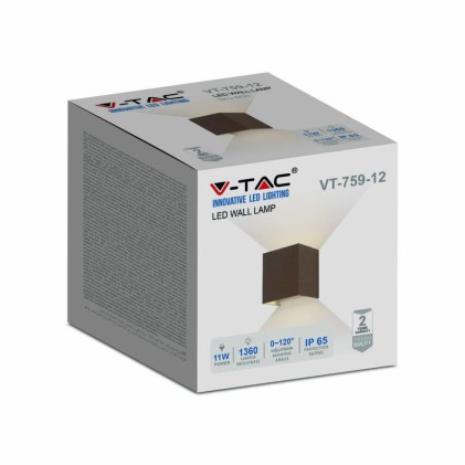 V-TAC Lampada LED da Muro Quadrata Doppio LED COB 11W 140LM/W Colore Corten Satinato Fascio Luminoso Regolabile 3000K IP65