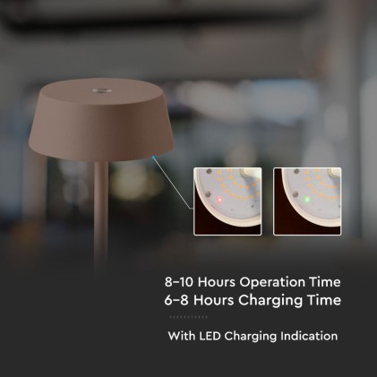 V-TAC Lampada LED da Tavolo 2W Colore Corten in Alluminio ricaricabile con USB C Touch Dimmerabile 3000K