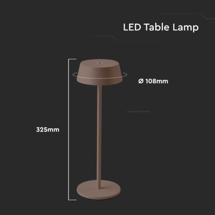 V-TAC Lampada LED da Tavolo 2W Colore Corten in Alluminio ricaricabile con USB C Touch Dimmerabile 3000K