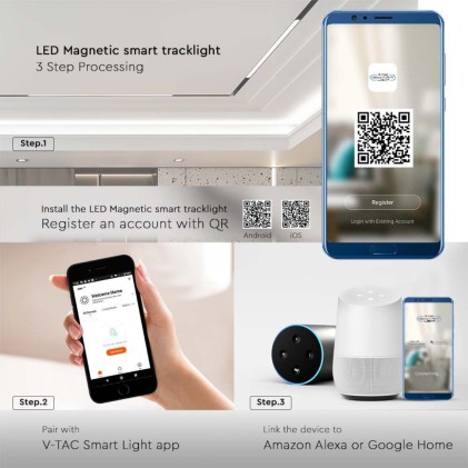 V-TAC Faretto LED SMD Lineare da Binario Magnetico Regolabile 10W 48V Colore Nero Compatibile con Google Home e Amazon Alexa 3in1 IP20 CRI>90