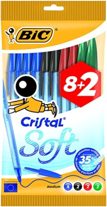 Bic Cristal Soft Confezione da 10 penne a sfera - Punta media da 1,2 mm - Linea da 0,45 mm - Scrittura pi&ugrave; fluida - Colori assortiti