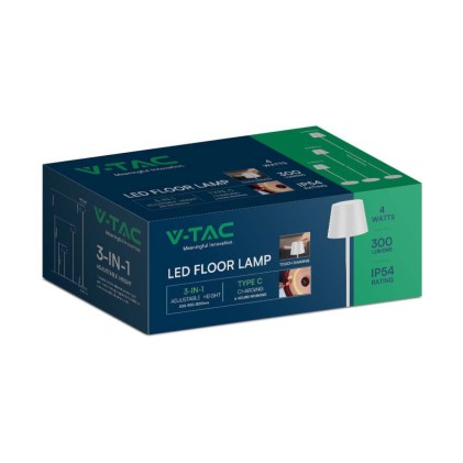 V-TAC Piantana LED 4W Colore Bianco in Alluminio con Touch Dimmerabile Altezza regolabile 3in1 3000K IP54