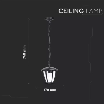 V-TAC Lampada LED da Soffitto a Lanterna con Portalampada E27 (Max 60W) Colore Nero l: 72cm IP44