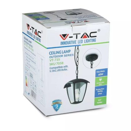 V-TAC Lampada LED da Soffitto a Lanterna con Portalampada E27 (Max 60W) Colore Nero l: 72cm IP44