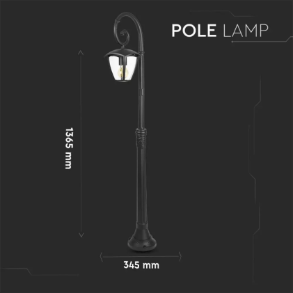 V-TAC Lampione LED con Portalampada E27 (Max 60W) Colore Nero h: 136cm IP44