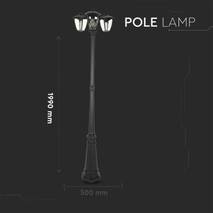 V-TAC Lampione LED con Portalampada E27 (Max 3*60W) Colore Nero h: 199cm IP44