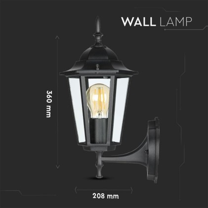 V-TAC Lampada LED da Muro a Lanterna con Portalampada E27 (Max 60W) Attacco verso l alto Colore Nero IP44