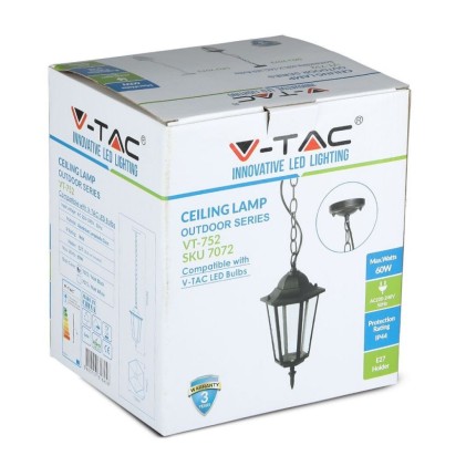 V-TAC Lampada LED da Soffitto a Lanterna con Portalampada E27 (Max 60W) Colore Nero Opaco l: 840mm IP44