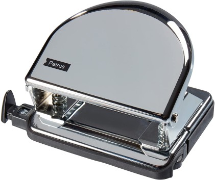 Perforatrice per metalli Petrus 52C - Fino a 20 fogli - Segni di formato - Svuotamento facile - Perforatori da 5,5 mm - Colore cromato