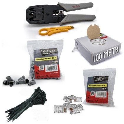 Kit pinza a crimpare crimpatrice e cavo di rete 100 metri e plug e gommini RJ45 e fascette