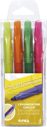 Tratto Emphasis Confezione da 4 Pennarelli Fluorescenti - Inchiostro a Base Acqua - Colori Assortiti