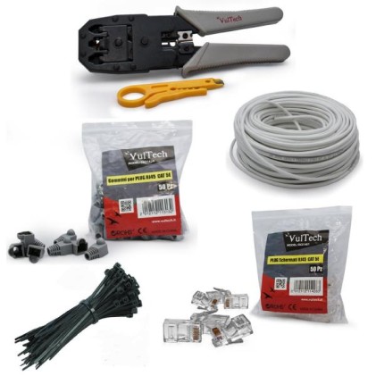 Kit pinza a crimpare crimpatrice e cavo di rete 50 metri e plug e gommini RJ45 e fascette