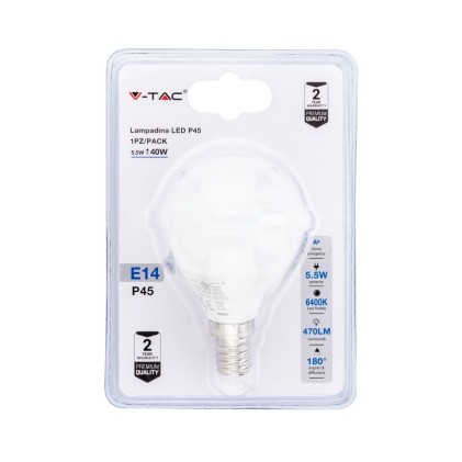 V-TAC Lampadina LED E14 5,5W P45 6400K (Blister 1 Pezzo)