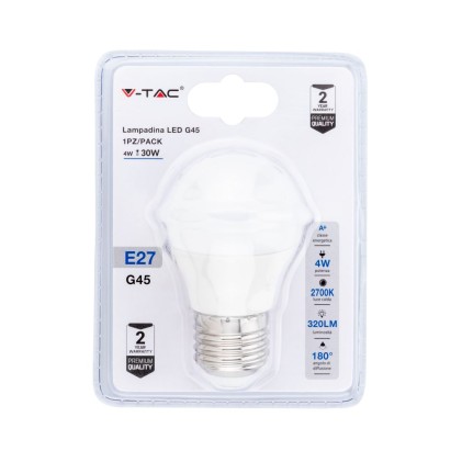 V-TAC Lampadina LED E27 4W G45 2700K (Blister 1 Pezzo)