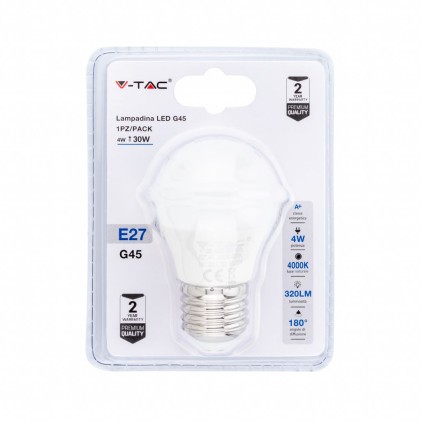 V-TAC Lampadina LED E27 4W G45 4000K (Blister 1 Pezzo)