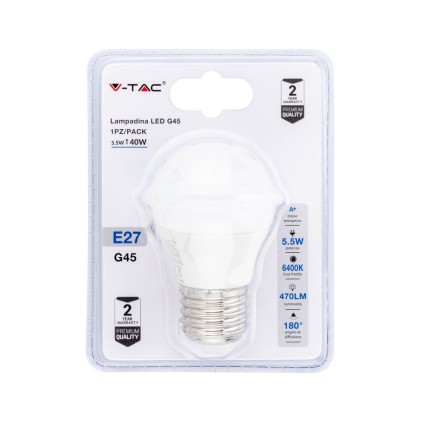 V-TAC Lampadina LED E27 5,5W G45 6400K (Blister 1 Pezzo)