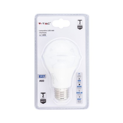 V-TAC Lampadina LED E27 9W A60 4000K (Blister 1 Pezzo)