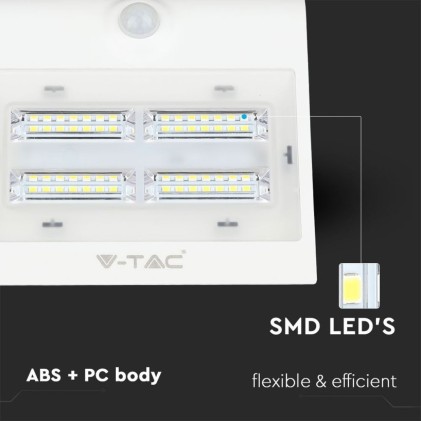 V-TAC Lampada LED Solare da Muro a Batteria 3W 130LM/W 30LED con Sensore PIR Colore Bianco 3000K+4000K IP65