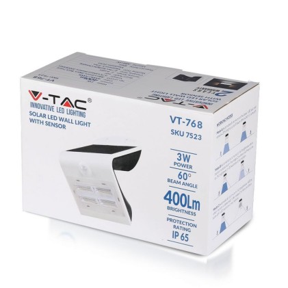 V-TAC Lampada LED Solare da Muro a Batteria 3W 130LM/W 30LED con Sensore PIR Colore Bianco 3000K+4000K IP65