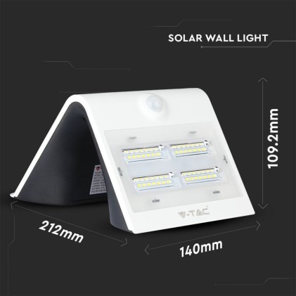 V-TAC Lampada LED Solare da Muro a Batteria 3W 130LM/W 30LED con Sensore PIR Colore Bianco 3000K+4000K IP65