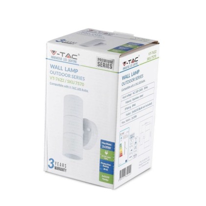 V-TAC Portafaretto LED Doppio da Muro 2*GU10 e GU5.3 (MR16) Arrotondato in Alluminio Colore Bianco Opaco IP44