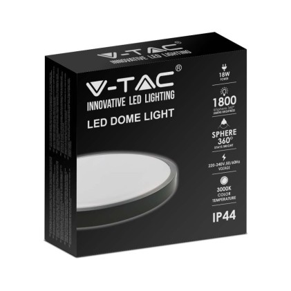 V-TAC Plafoniera LED Rotonda 18W Colore Nero d: 225mm h: 55mm 6500K IP44
