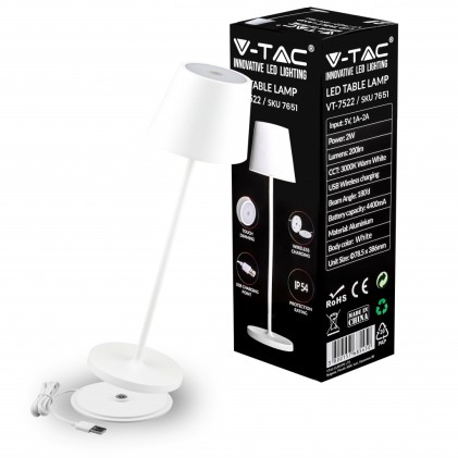 V-TAC Lampada LED da Tavolo 2W Colore Bianco in Alluminio con caricatore Wireless e Touch Dimmerabile 3000K IP54