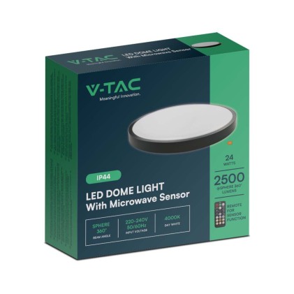 V-TAC Plafoniera LED Rotonda 24W con Telecomando e Sensore di Movimento a Microonde Colore Nero 4000K IP44