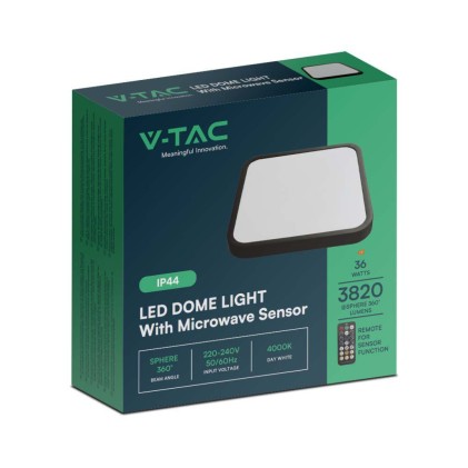 V-TAC Plafoniera LED Quadrata 36W con Telecomando e Sensore di Movimento a Microonde Colore Nero 4000K IP44