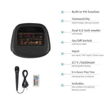 V-TAC Altoparlante Trolley Ricaricabile 20W con Microfono Cablato Telecomando e Casse 2 * 6.5 pollici