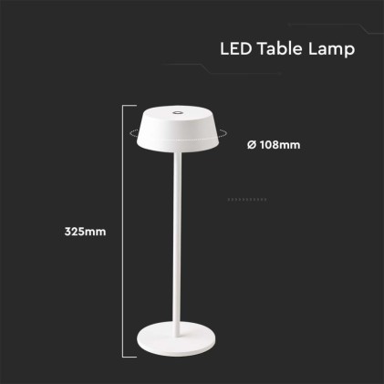 V-TAC Lampada LED da Tavolo 2W Colore Bianco in Alluminio ricaricabile con USB C Touch Dimmerabile 3000K