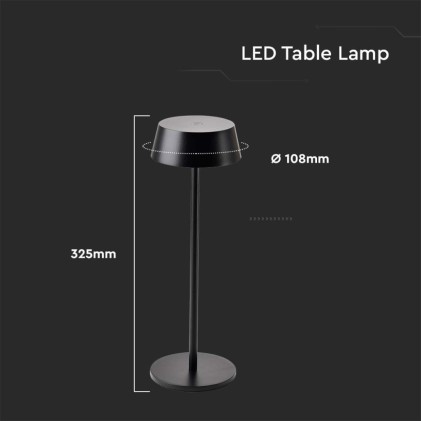 V-TAC Lampada LED da Tavolo 2W Colore Nero in Alluminio ricaricabile con USB C Touch Dimmerabile 3000K