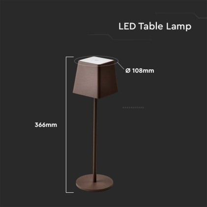 V-TAC Lampada LED da Tavolo 2W Colore Corten in Alluminio ricaricabile con USB C Touch Dimmerabile 3000K IP54