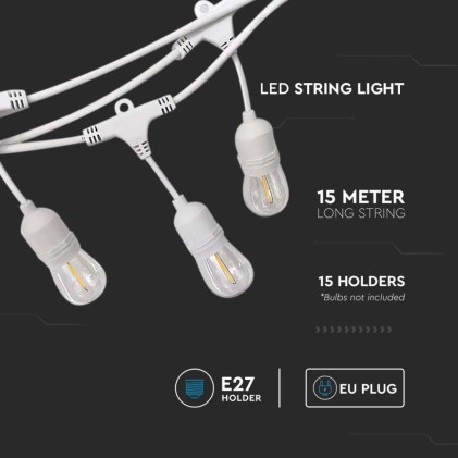 V-TAC Catenaria 15m LED E27 Colore Bianco con Presa e Spina EU IP44 Lampadine NON incluse