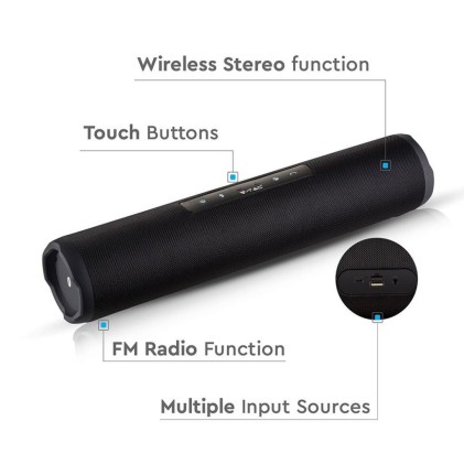V-TAC Altoparlante Bluetooth Portatile con Microfono e Pulsante Touch con FM AUX/USB e TF Funzione TWS e Batteria da 1200mah