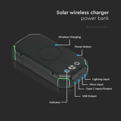 V-TAC Power Bank 30.000 mAh con Pannello Solare e Ricarica Wireless Colore Nero