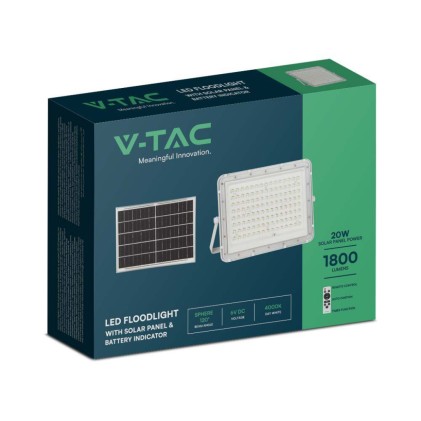 V-TAC Faro LED con Telecomando e Pannello Solare 20W Batteria sostituibile Cavo da 3m Colore Bianco 6400K