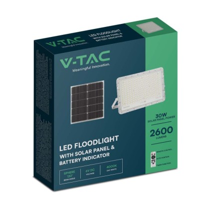 V-TAC Faro LED con Telecomando e Pannello Solare 30W Batteria sostituibile Cavo da 3m Colore Bianco 4000K
