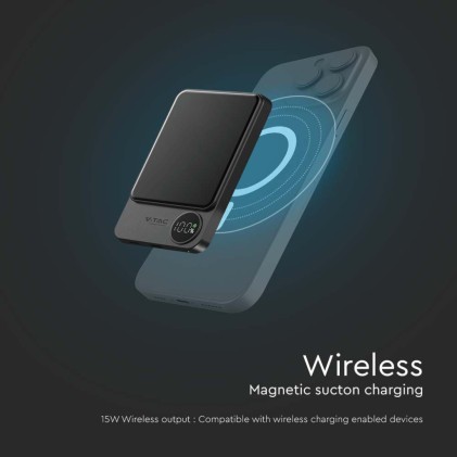 V-TAC Power Bank 10.000 mAh MagSafe Ultra Sottile 9mm in Lega di Alluminio Magnetico con Display e Ricarica Wireless Colore Grigio