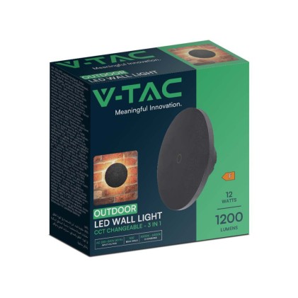 V-TAC Lampada LED da Muro Rotonda 12W 160*160*60mm Colore Nero 3in1 Dimmerabile IP65