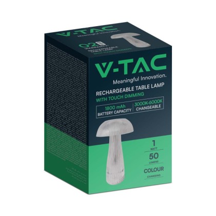 V-TAC Lampada LED da Tavolo 1W Colore Bianco Trasparente Ricaricabile con USB C Touch Dimmerabile 3in1