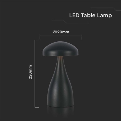V-TAC Lampada LED da Tavolo 1W con Batteria 800mAh Ricaricabile USB C Colore Nero in Metallo Touch Dimmerabile 3in1