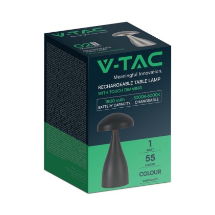 V-TAC Lampada LED da Tavolo 1W con Batteria 800mAh Ricaricabile USB C Colore Nero in Metallo Touch Dimmerabile 3in1