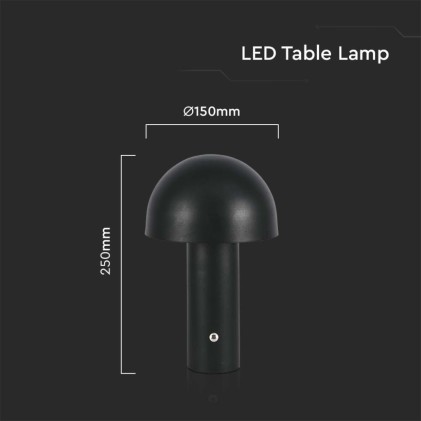 V-TAC Lampada LED da Tavolo 3W con Batteria 1800mAh Ricaricabile USB C Colore Nero in Metallo Touch Dimmerabile 3in1