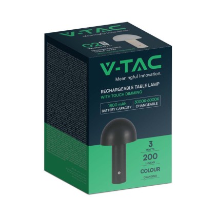 V-TAC Lampada LED da Tavolo 3W con Batteria 1800mAh Ricaricabile USB C Colore Nero in Metallo Touch Dimmerabile 3in1