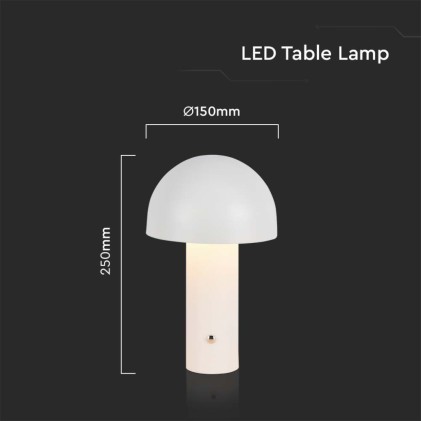 V-TAC Lampada LED da Tavolo 3W con Batteria 1800mAh Ricaricabile USB C Colore Bianco in Metallo Touch Dimmerabile 3in1